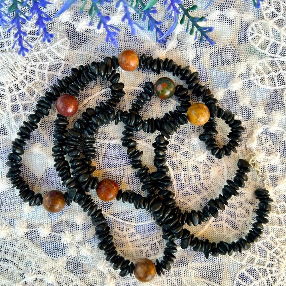 Vintage Natural Raw Black Onyx Chalcedony & Red Creek Jasper Necklace 39” - Picture 3 of 12